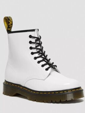 Dr. Martens White Patent 8-Eye Lace-Up Boot with Black Trim
